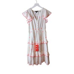 J.Crew White Neon Coral Embroidered Tiered Midi Dress 4P AK251 Pom Pom Tassel